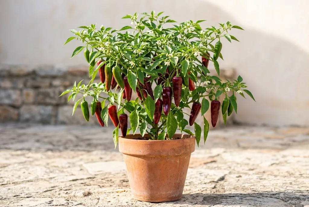 A single fruiting Halaby plant in an aged terracotta pot on a sunlit stone patio with mixed green half-ripe and fully ripe dark red conical pods and small white flowers