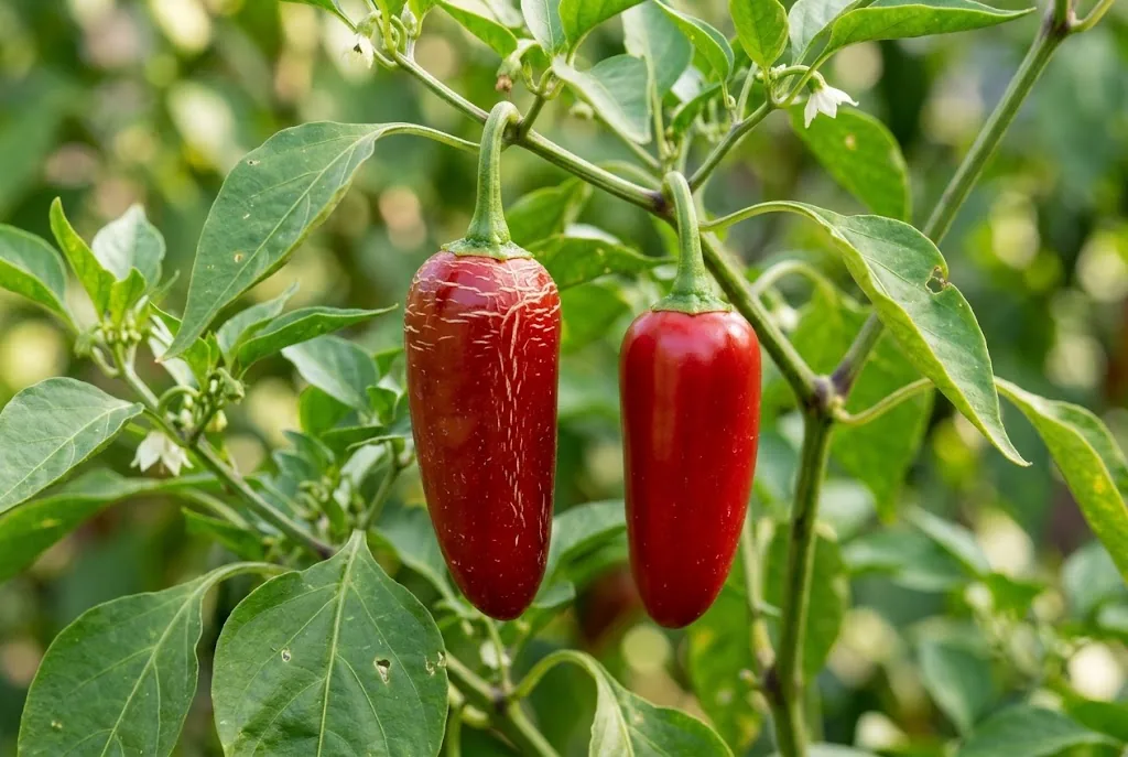 Two ripe red jalapeño pods showing natural corking lines on a garden plant