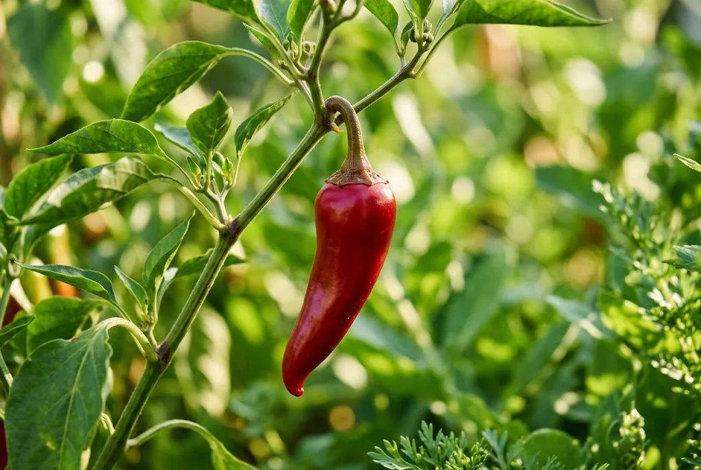 One ripe red Gorria pepper hanging among green leaves