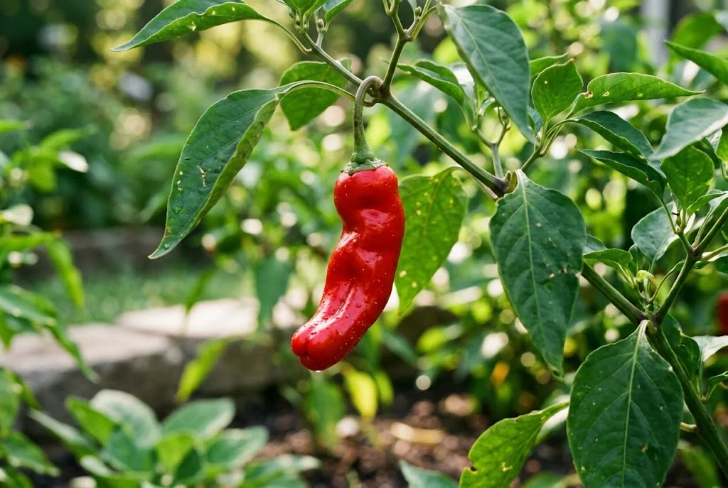 Scarlet Peter pepper with a blunt clefted end hanging from a green branch