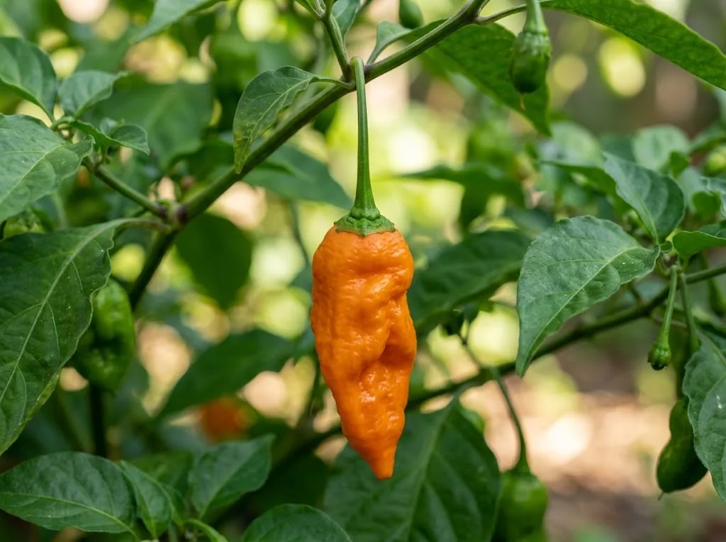 Single ripe orange Habanada pepper attached to its living branch