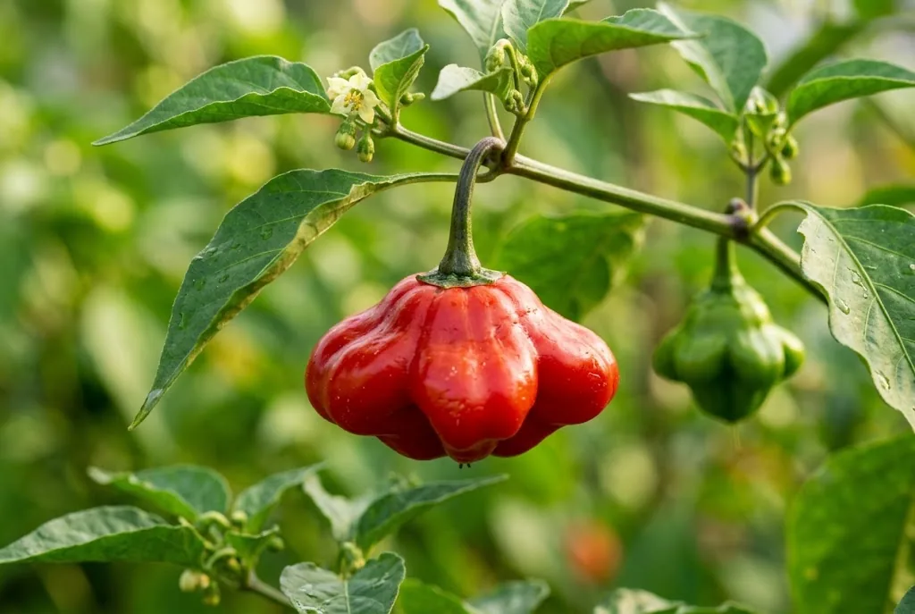 Bright red star-shaped Brazilian Starfish pepper hanging beside green leaves
