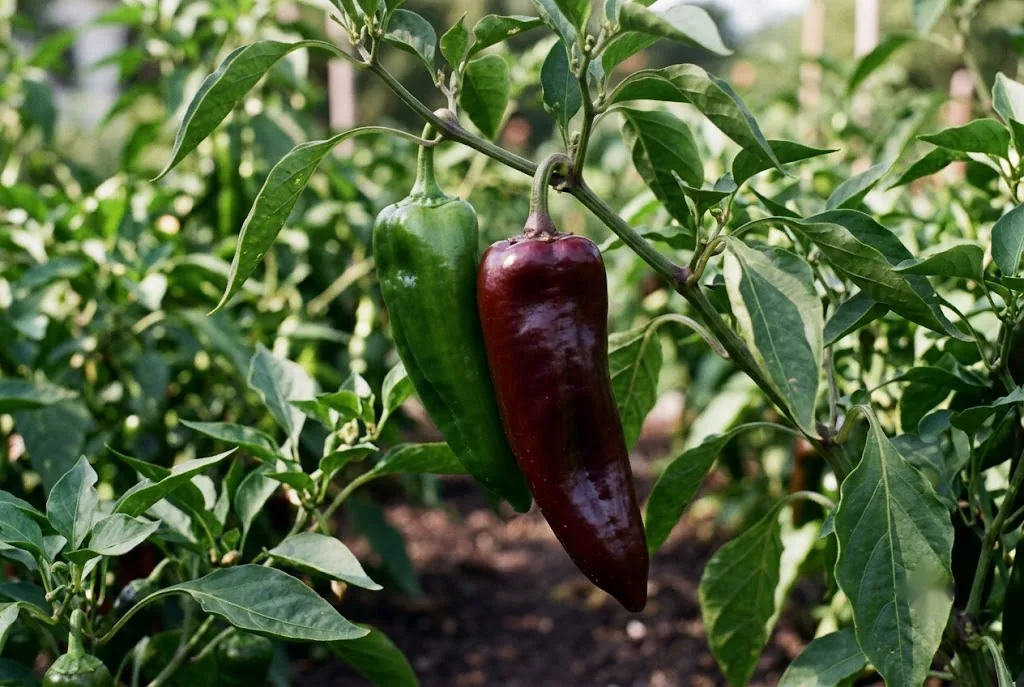 One ripe dark maroon and one green blocky-bell urfa biber pod hanging together on a living Capsicum annuum branch