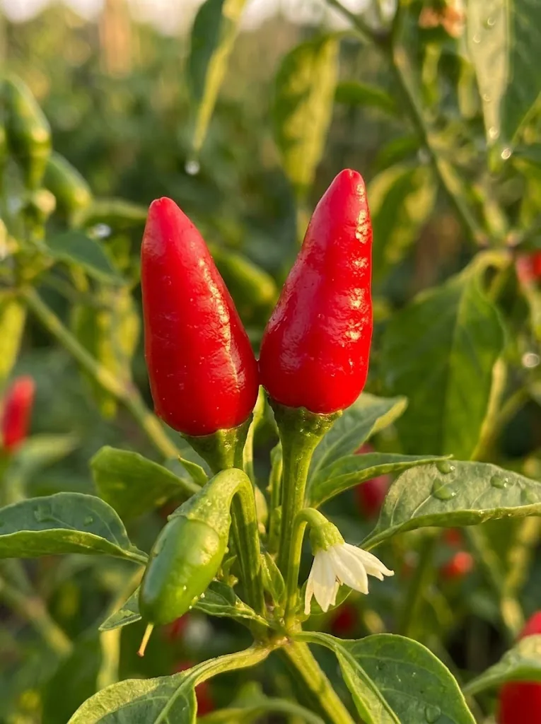 Two ripe red Calabrian chili peppers hanging together in their characteristic upright cluster on a healthy plant