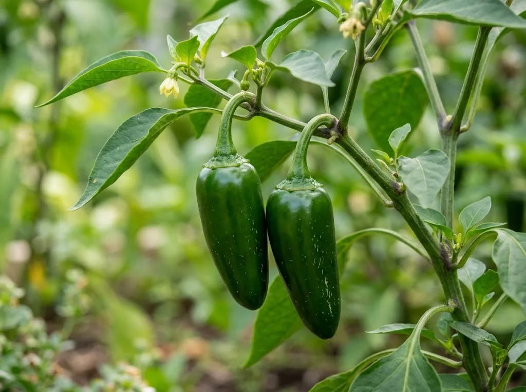 Green jalapeño peppers attached to a leafy plant