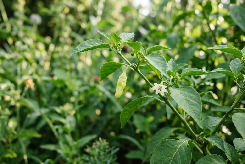 Slender light-green pepperoncini pod ripening on its plant