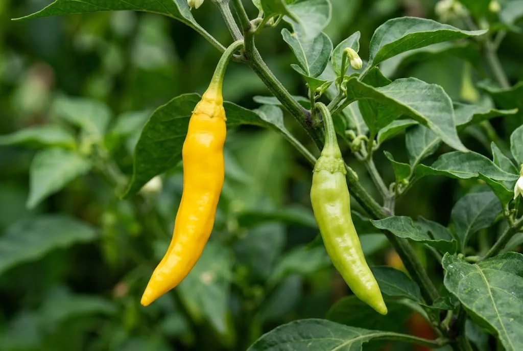 Slender glossy Aji Cristal pods hang from the plant, showing pale-green and yellow ripening stages.
