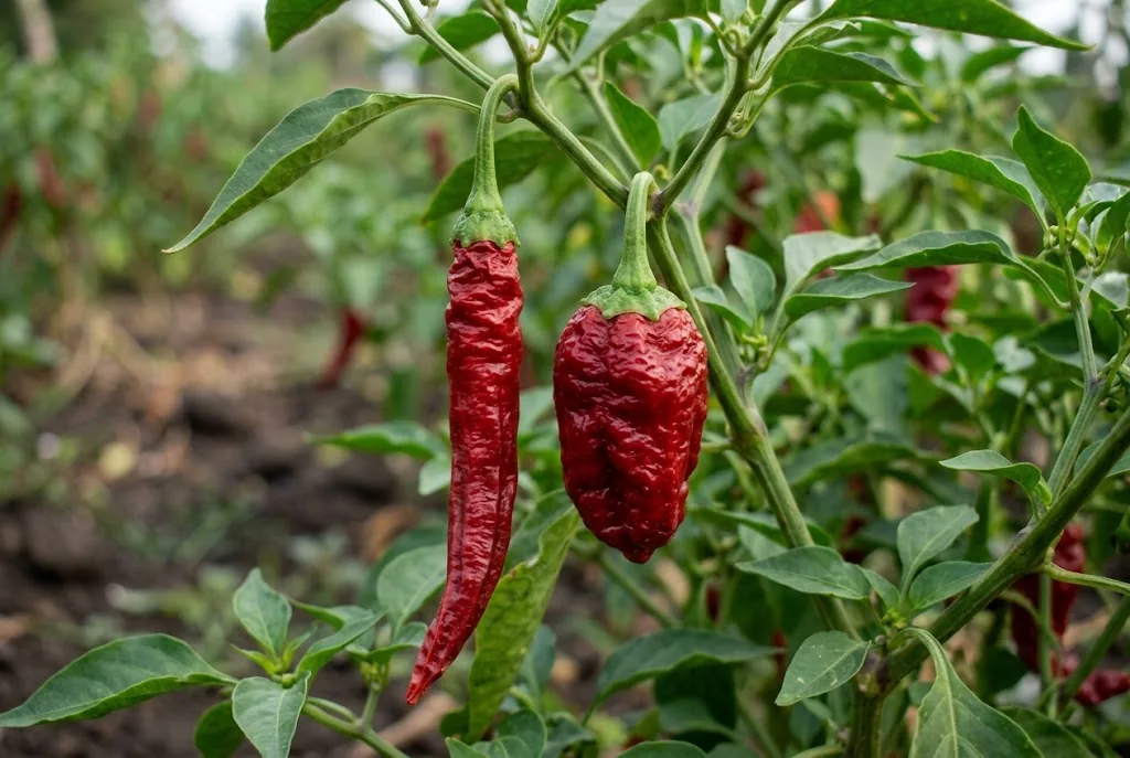 Long slender Kaddi and shorter Dabbi Byadgi peppers attached to the plant