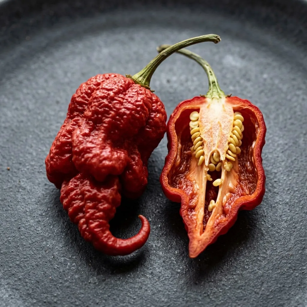 A cut red Death Spiral pepper shows its contorted, wrinkled skin and curved tail