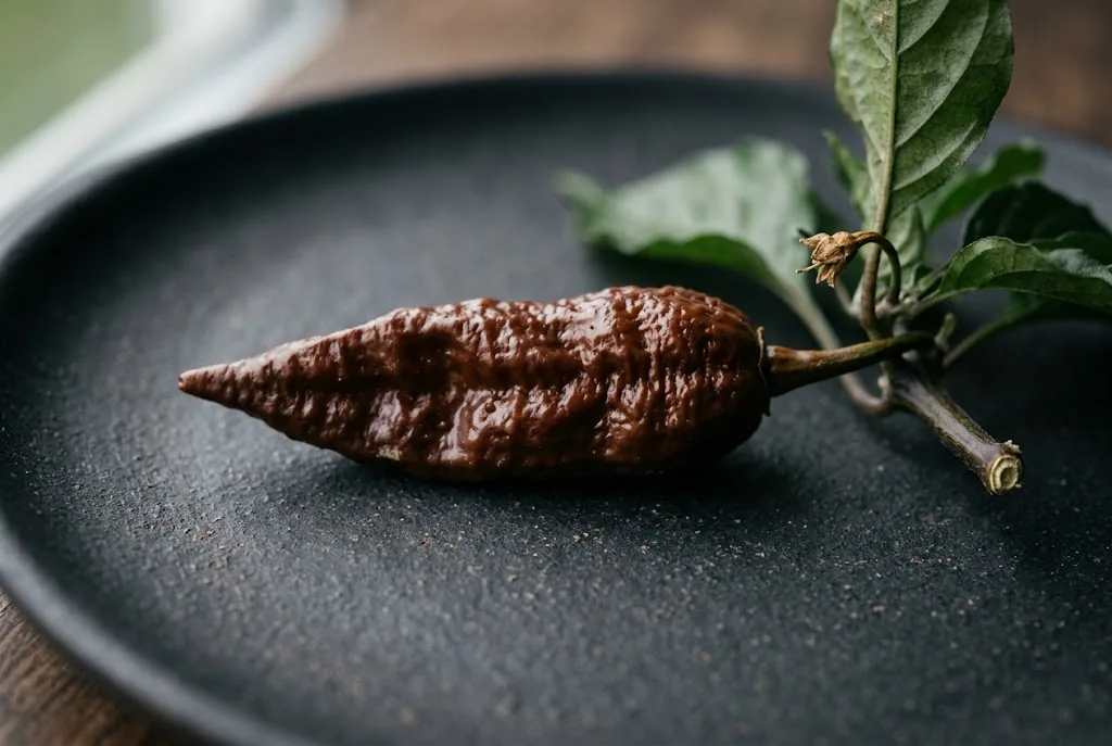 Ripe brown wrinkled Chocolate Bhut Jolokia pod