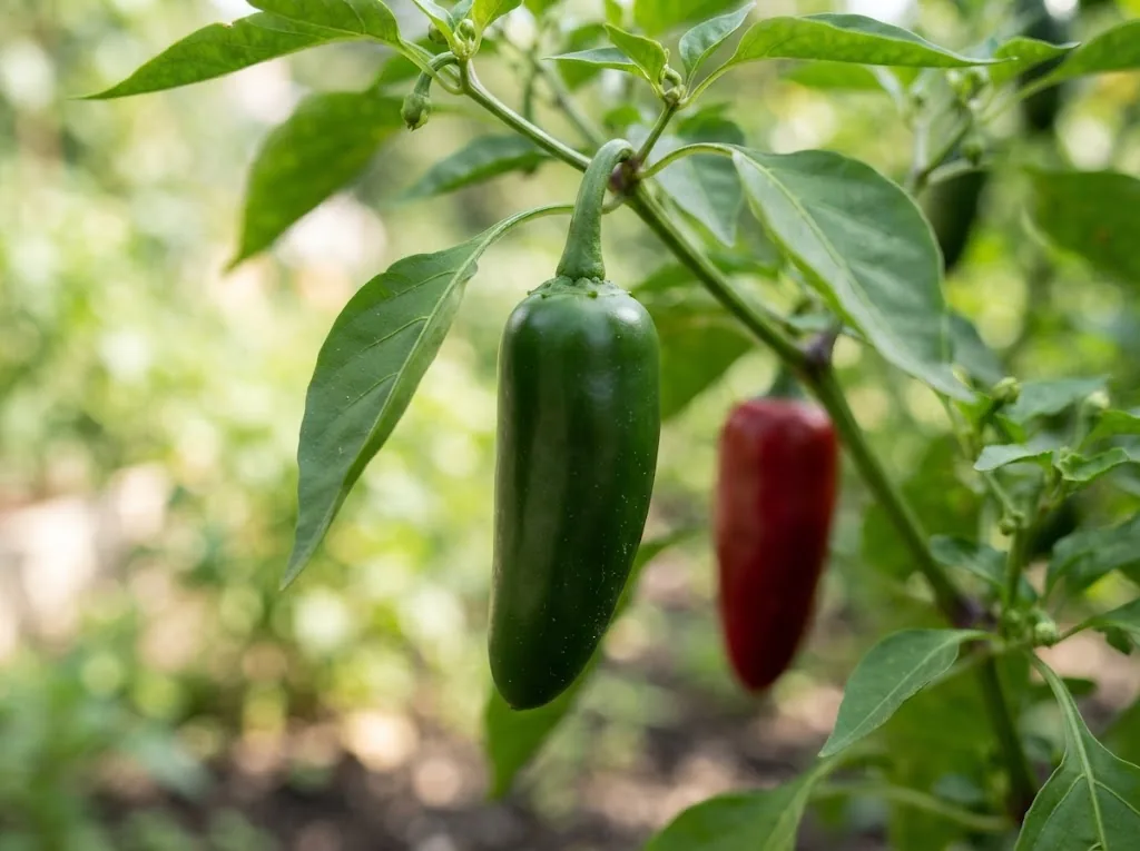 Attached smooth green Mucho Nacho pod with thick walls and a second red pod on the plant
