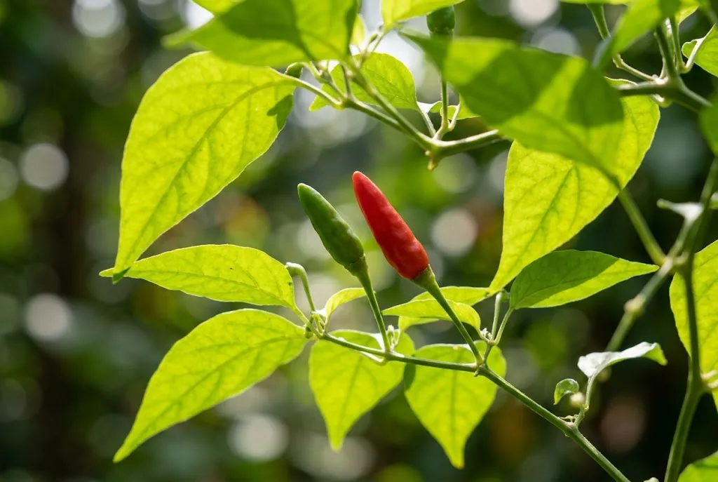 Attached green and red Cili Padi pods shown among the leaves on a Capsicum frutescens branch.