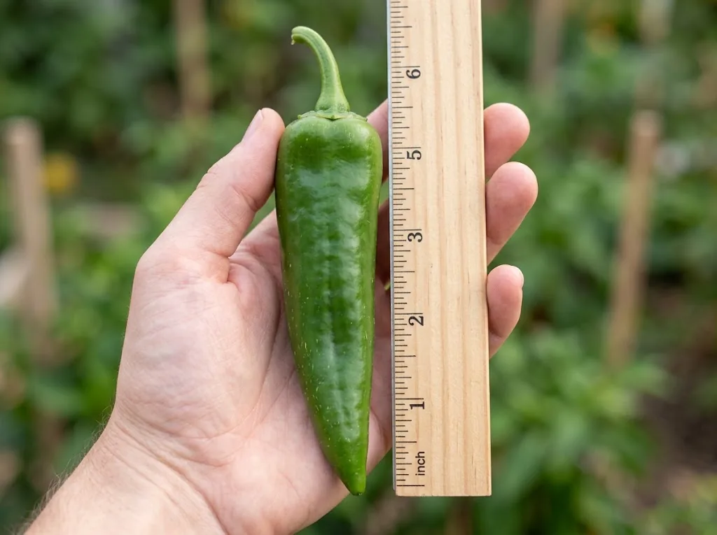 Mature-green Sandia pepper held beside a ruler for scale