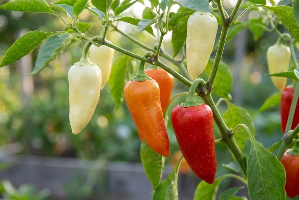 Attached Feher Ozon peppers show creamy white, orange and red ripeness stages among green leaves