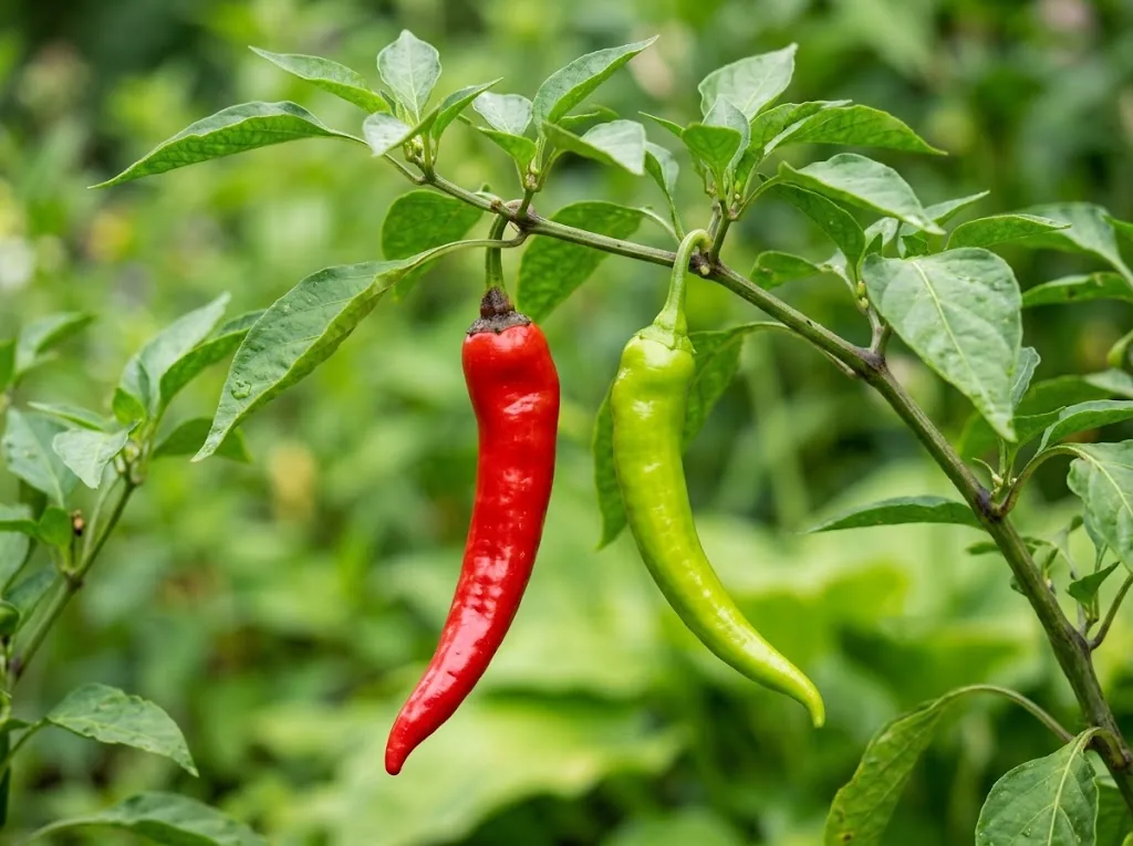 Two attached Beaver Dam peppers, one lime green and one ripe red