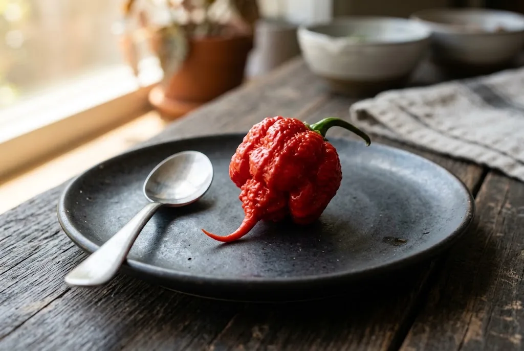 One ripe red 7 Pot Primo pod showing its wrinkled skin and pointed tail beside a teaspoon.