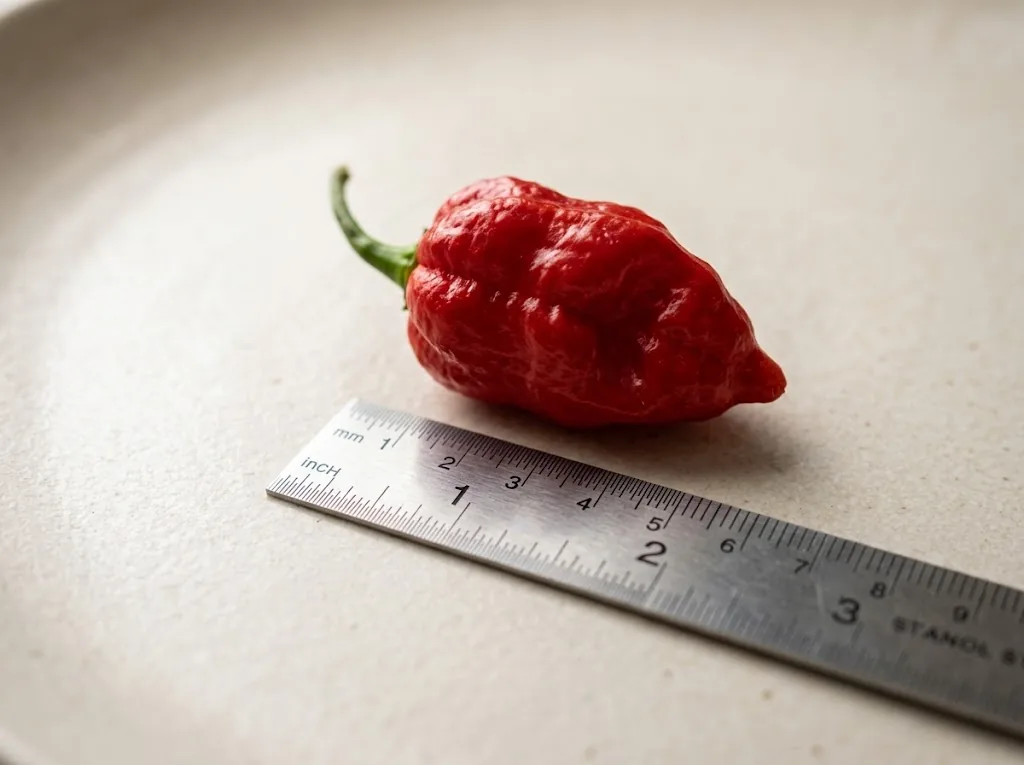One wrinkled, ripe Red Savina pod beside a ruler