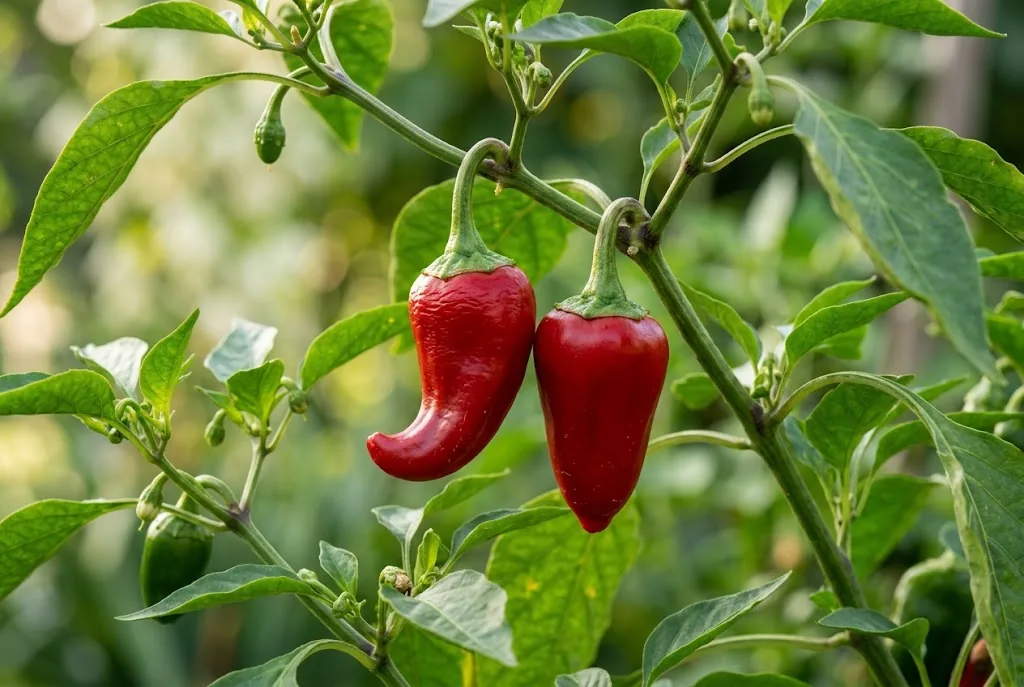 Ripe red Piquillo peppers hanging from a leafy plant