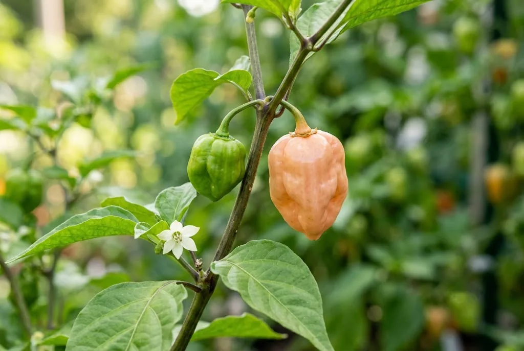 Peach Habanero branch showing a white flower and attached green and salmon-peach pods