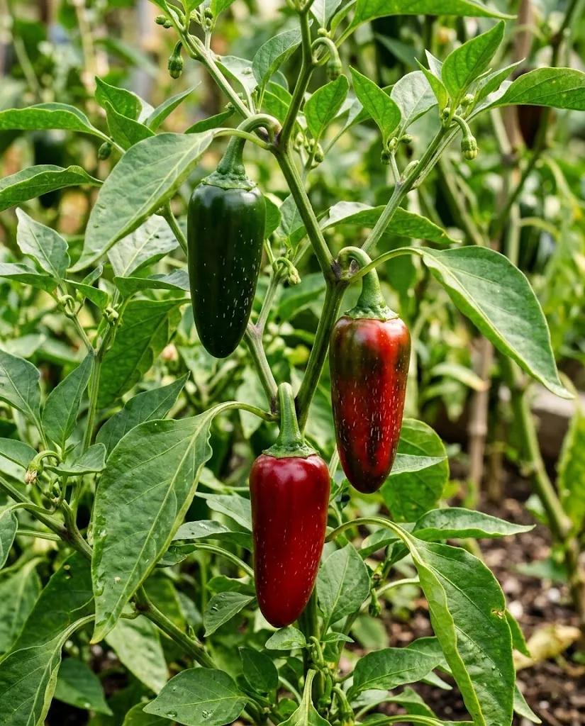 Green, turning, and ripe red jalapenos attached to one plant branch