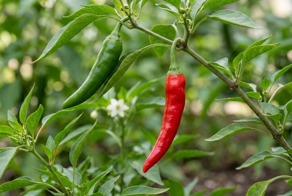 Attached Ring of Fire pepper pods at green and ripe red stages among leaves