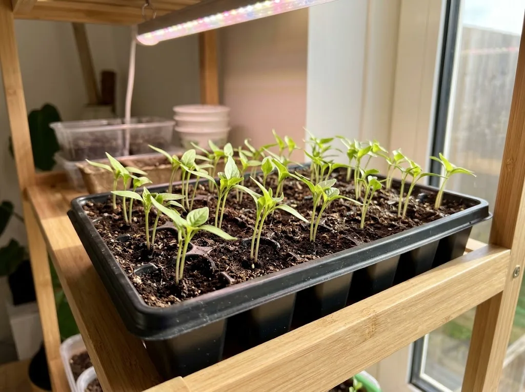 Guindilla seedlings growing beneath an indoor light