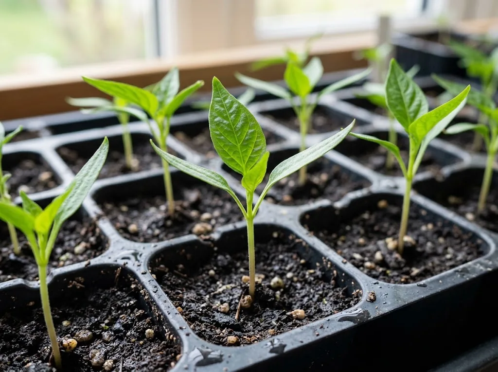 Young Capsicum annuum pepper seedlings with cotyledons and true leaves in seedling cells