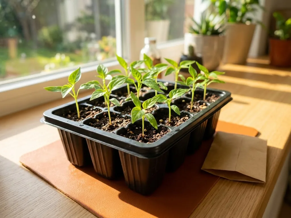 Wiri Wiri seedlings with true leaves growing in a starter tray beside a bright window.