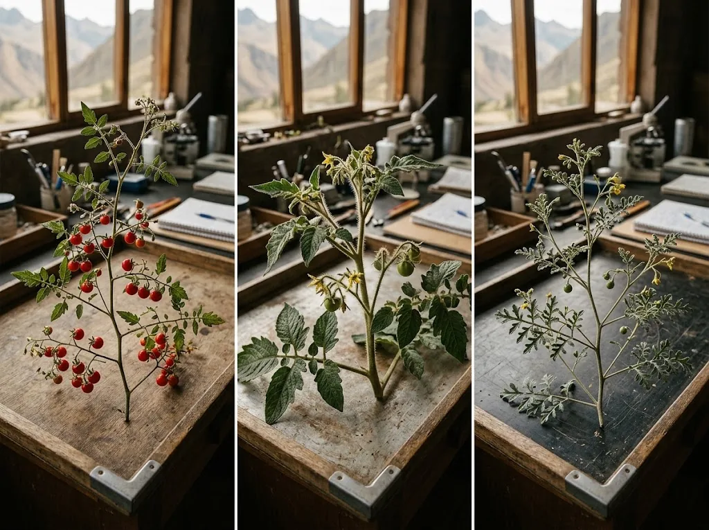 Three distinct wild tomato relatives shown as separate specimens with contrasting leaves, stems, and berries