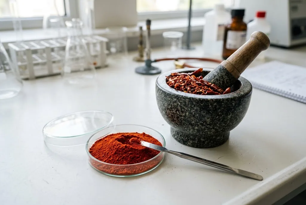 Polished granite mortar with coarsely crushed dried red cayenne peppers and fine powder in a petri dish on white ceramic