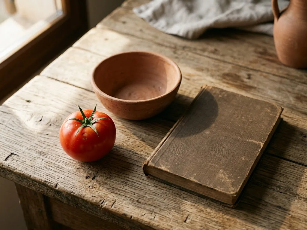 A single red tomato beside a closed unmarked notebook and clay dish