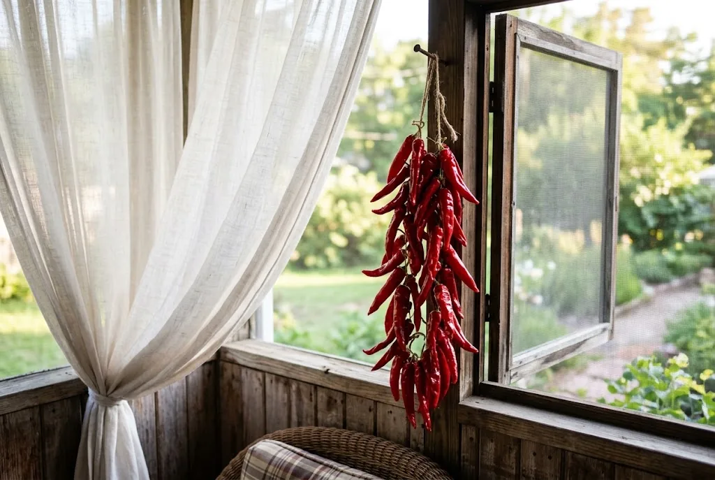 Sandia Hot ristra hanging by a screened window for airflow