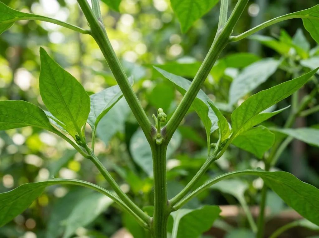 Forked branching habit and nodal junction with green foliage of Capsicum annuum plant