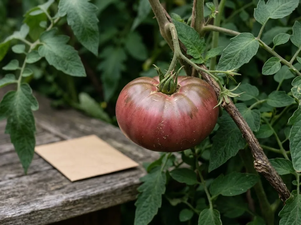 One rose-purple Cherokee Purple tomato growing on a vine