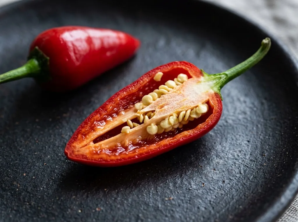 One halved lengthwise ripe red Calabrian chili pepper on a dark ceramic plate showing pale cream placenta and yellow seeds