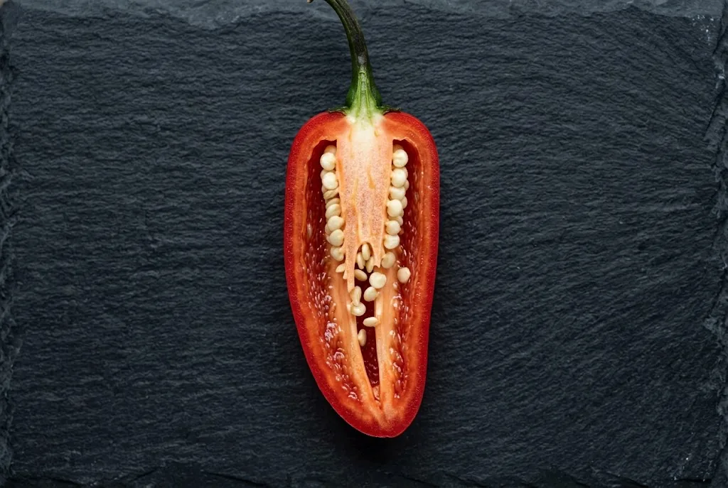 Halved ripe red jalapeño pepper on dark slate showing thick walls and inner seeds