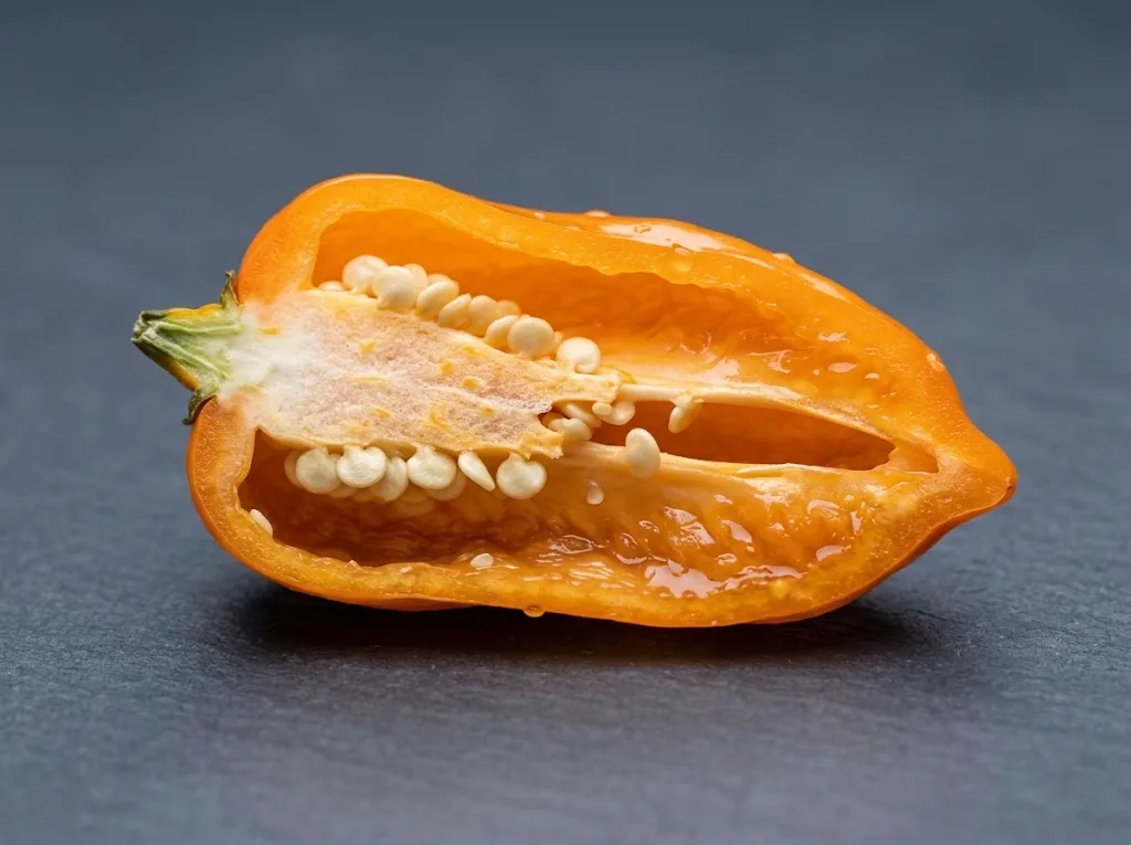 A halved ripe orange habanero on slate showing the white pith, placenta, and small seeds within the fruit