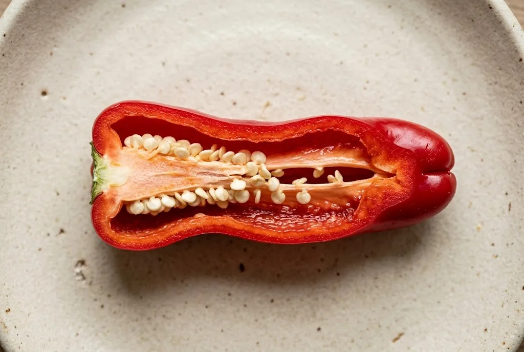 Lengthwise cut Peter pepper showing thick walls, pale ribs and cream seeds
