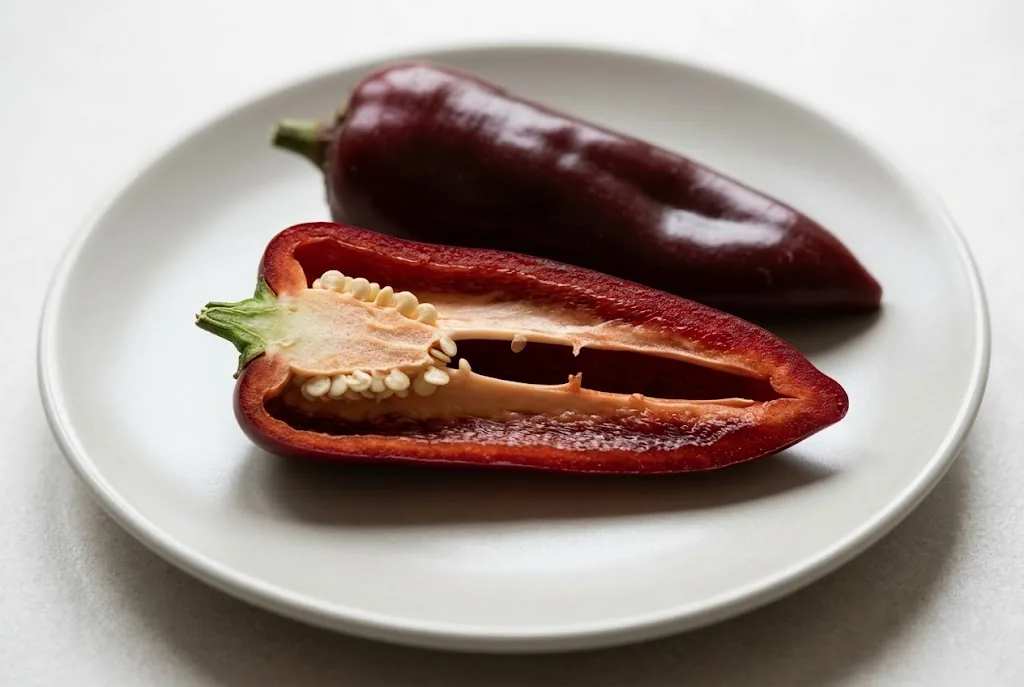 One ripe dark red Halaby pod cut in half lengthwise on a pale ceramic saucer, cut side up, showing pale placenta and flat cream seeds in the small cavity with a whole pod soft behind