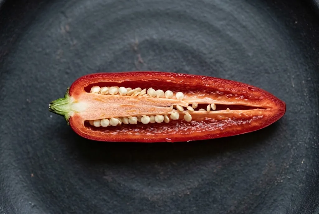 Ripe red jalapeño cut lengthwise to show its pale ribs, placenta and seeds