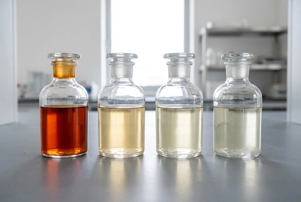 Row of four clear glass laboratory reagent bottles showing progressive sensory dilutions of red jalapeno extract