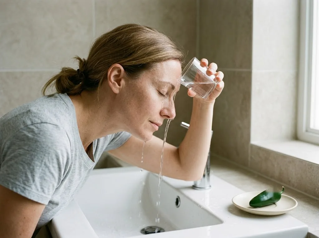 An adult rinsing one closed eye with clean running water at a basin