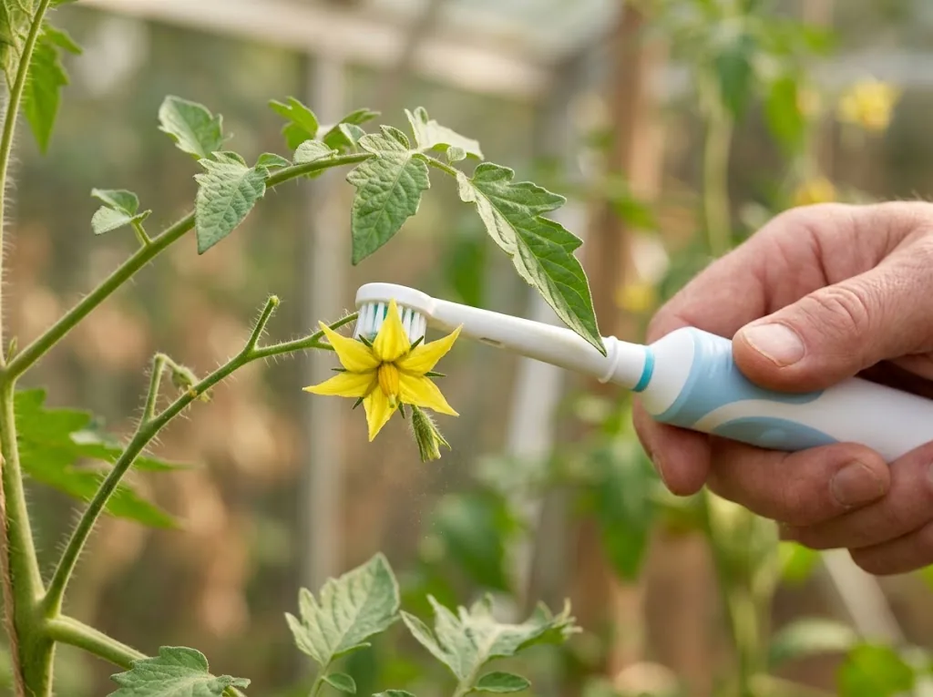 A gardener touching a toothbrush to the branch behind one open tomato flower