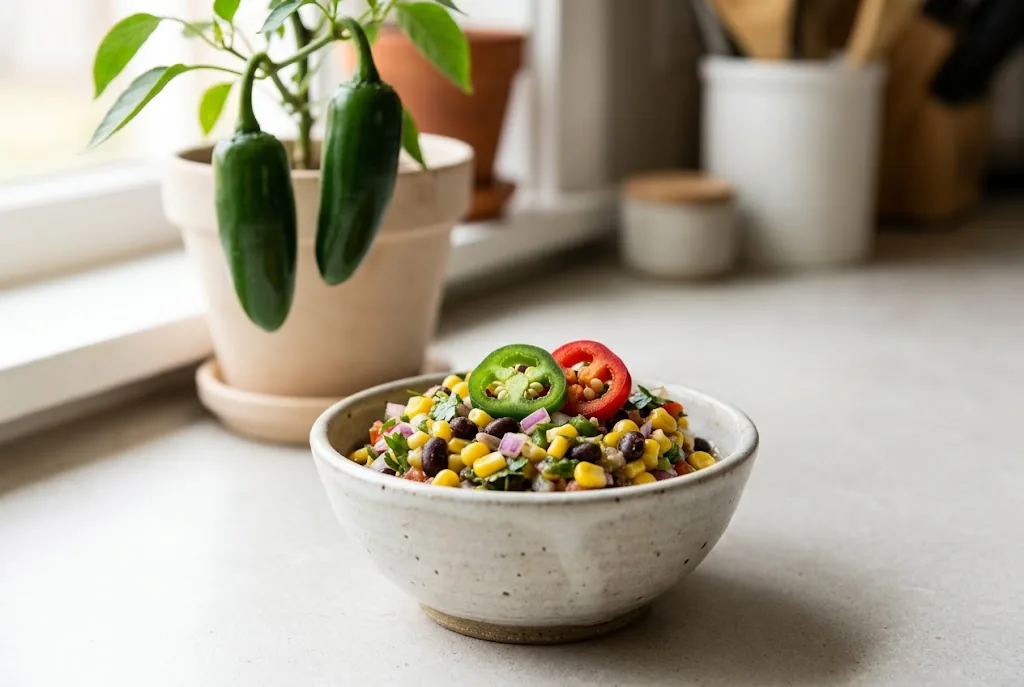Green and red jalapeño slices on a bowl of fresh salsa