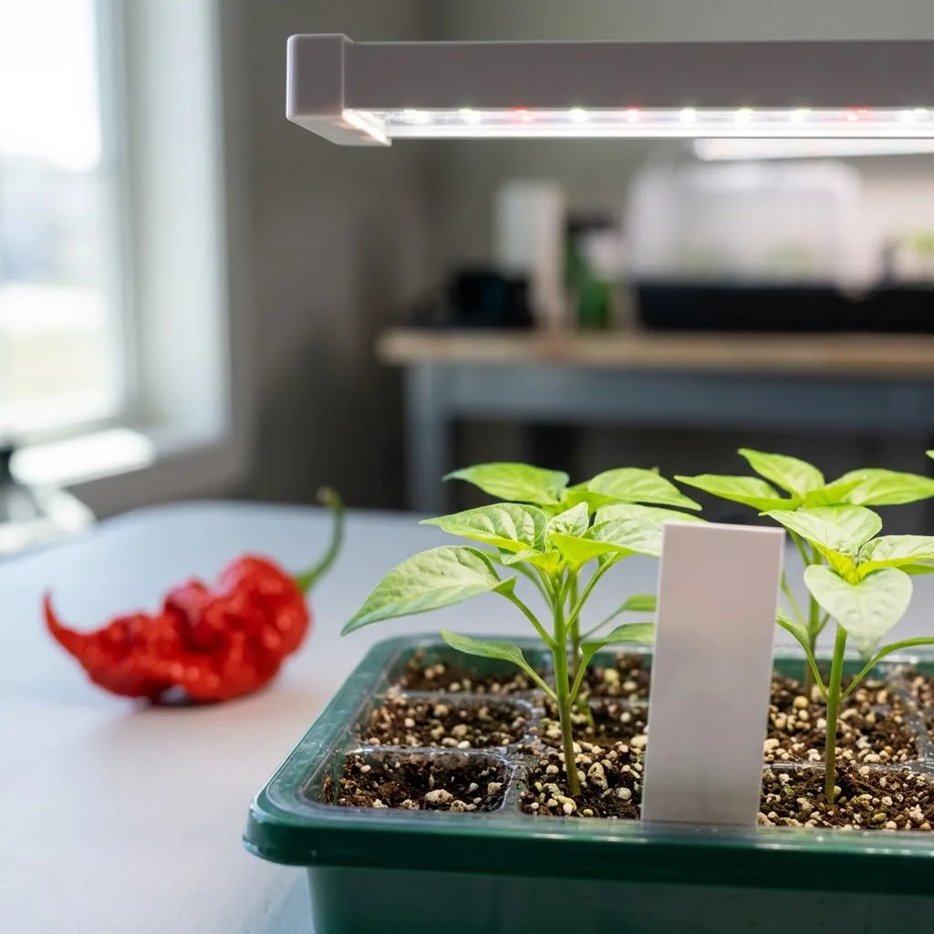 Death Spiral seedlings with true leaves beneath a grow light