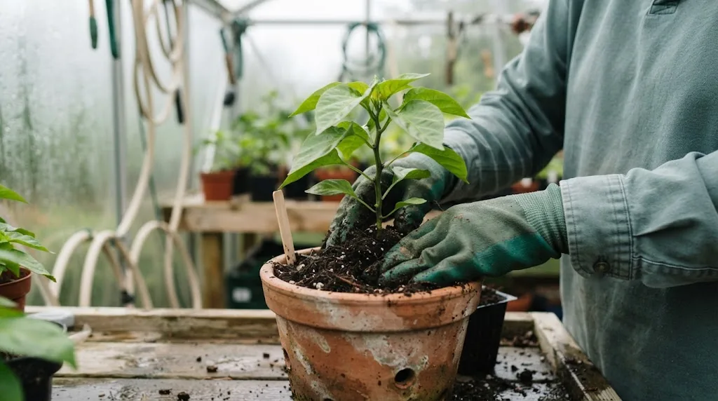 Young 7 Pot Brain Strain seedling being planted in a drained ceramic container