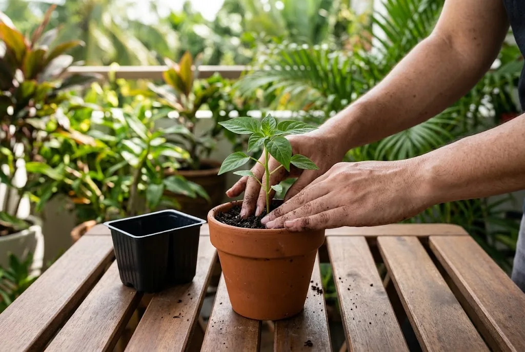 A gardener potting a young Cili Padi seedling with true leaves into a drained container.