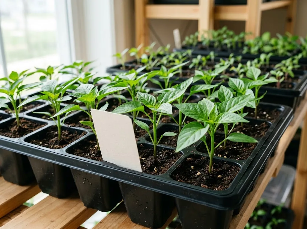 Sandia pepper seedlings with true leaves growing in propagation cells