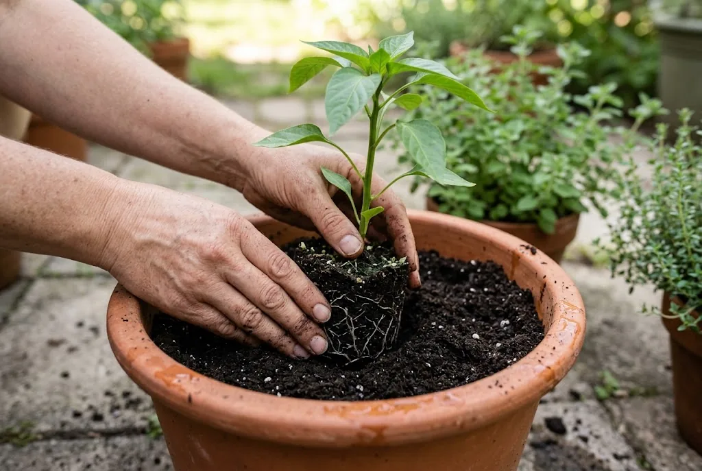 Young pepperoncini plant being transplanted into a patio pot