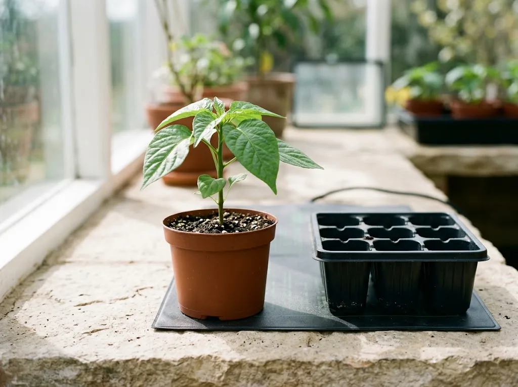 Young Bahamian Goat seedling beside seed tray and heat mat